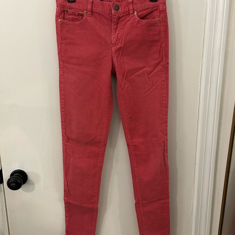 J. Crew Women's Coral Pink Corduroy Skinny Stretch Pants with small flaw